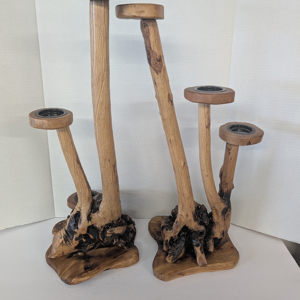 Vintage Candle Holder Wood Rustic Large Set Made Out of Burl-Wood - Picture 5 of 10